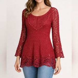 Small UMGEE Cotton Blend Crochet Lace Long Sleeve Top Cherry Red Boho Festival